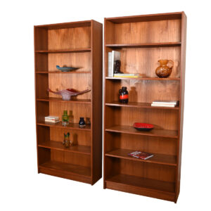 Pair 84″ Tall Danish Teak Bookcases with Adjustable Shelves