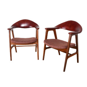 Vintage Leather Pair of Sculpted Modernist Accent Chairs with Arms