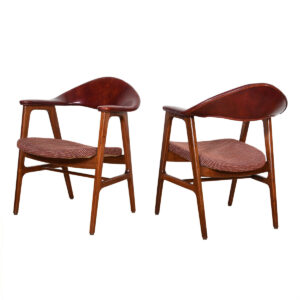 Vintage Leather Pair of Sculpted Modernist Accent Chairs with Arms
