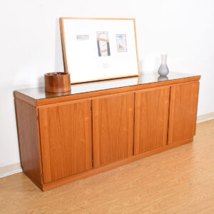 Four Door Danish Modern Teak Credenza | Bar Cabinet + Protective Glass Top