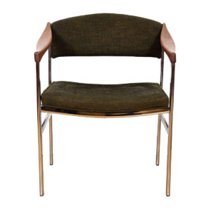 Mid Century Accent Chair with Chrome Legs + Sculpted Wood Armrests + Upholstered Seat and Back