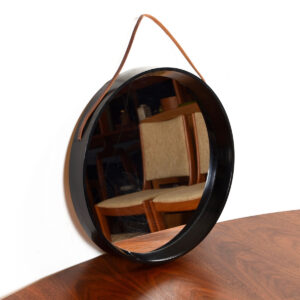Danish Modern Round Hanging Black Frame Mirror with Leather Strap
