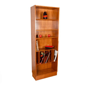 Slim Danish Teak Bookcase Adjustable Shelves + Optional Vinyl | Magazine Dividers