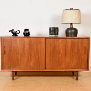 Danish Modern Walnut Sideboard | Media Cabinet with Sliding Doors