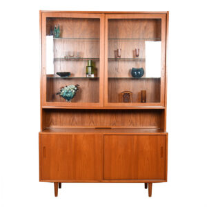 Danish Teak 2-Pc Glass Display Top with Sliding Door Storage Cabinet