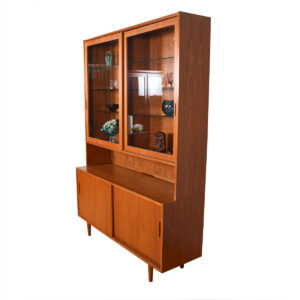 Danish Teak 2-Pc Glass Display Top with Sliding Door Storage Cabinet