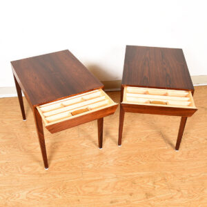 Danish Rosewood Pair Night Stands | Sewing Basket Tables w. Side Storage Drawer