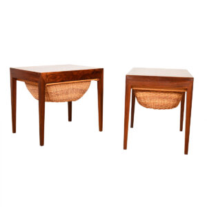 Danish Rosewood Pair Night Stands | Sewing Basket Tables w. Side Storage Drawer