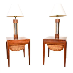 Pair Danish Rosewood Night Stands | Sewing Basket Tables w: Hidden Side Storage Drawer