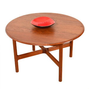 Danish Modern Solid Teak Round Compact Coffee Table with X-Base