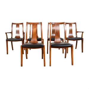 Set of 6 (2 Arm + 4 Side) Mid Century Walnut Curved Back Dining Chairs