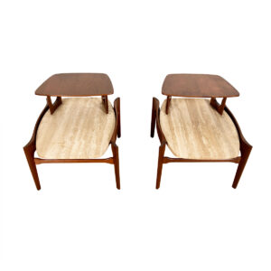 Pair of Mid Century Modern Walnut Travertine Step Table by Bertha Schaefer