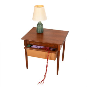 Danish Teak Sewing Accent Table w. Divider Drawer and Felt-Lined Leather Basket