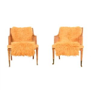 Pair Robsjohn-Gibbings Decorator Chairs w. Custom Flokati Throws