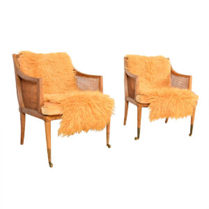 Pair Robsjohn-Gibbings Decorator Chairs w. Custom Flokati Throws