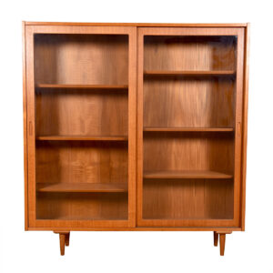 Teak Bookcase w: Sliding Glass Doors + Adj Teak Shelves