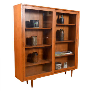 Teak Bookcase w: Sliding Glass Doors + Adj Teak Shelves