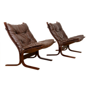 Pair of Westnofa Ingmar Relling Brown Leather + Rosewood Siesta Chair