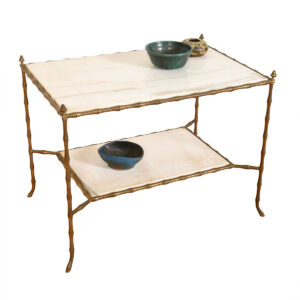 Mid Century Regency Style Marble Bi-Level Accent Table with Brass Bamboo Frame