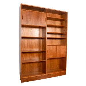 Danish Tall Teak Bookcase w. Sliding Wood Shelf Doors