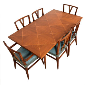 Tommi Parzinger Mahogany Exp Dining Table w. 6 “X” Chairs in Orig Teal Leather by Charak Modern 1957