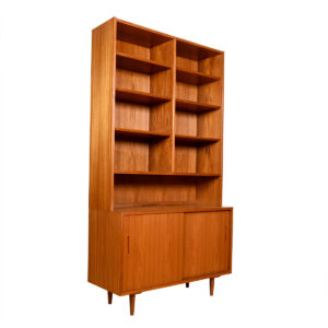 Danish Teak 2-Pc 42″ Bookcase Display Top w: Sliding Door Storage Cabinet Below