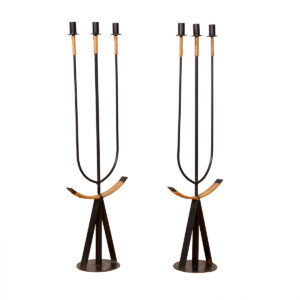 Arthur Umanoff Pair of Hard-to-Come-By Wrought Iron + Rattan Floor Candelabras