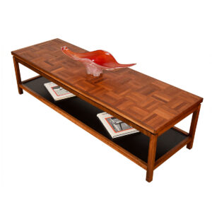 Floating Parquet Top Mid-Century Decorator Coffee Table with Shelf