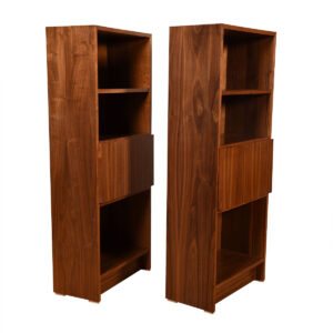 Pair, Mini Danish Walnut Bookcases w. Closed Storage + Drop-Down Shelf