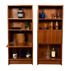 Pair, Mini Danish Walnut Bookcases | Nightstands w. Closed Storage + Drop-Down Shelf