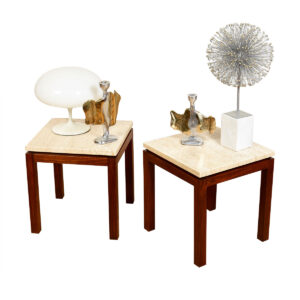 Pair, Floating Travertine Top MCM Square Accent Tables