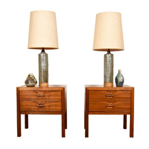 Pair of Cylindrical Pottery Table Lamps with Walnut Bases