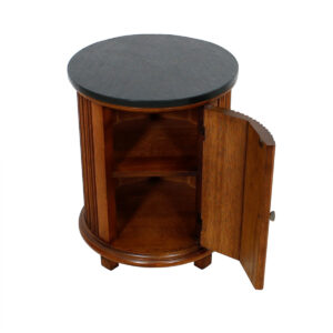 Round Walnut Drum Table w. Hidden Storage + Stone Top