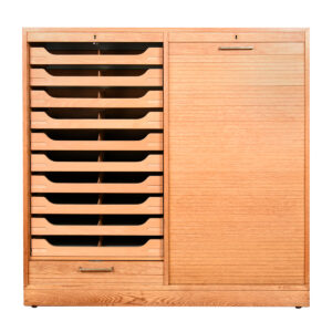 Locking Danish File | Storage Cabinet w Drawers + Shelving Behind Vertical Tambour Doors