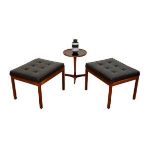 Pair, MCM Walnut Benches w: Black Tufted Seat Cushions