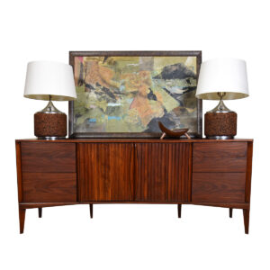 Sexy + Curvaceous MCM Long Walnut Dresser w. Sculpted Pulls + Concave Front