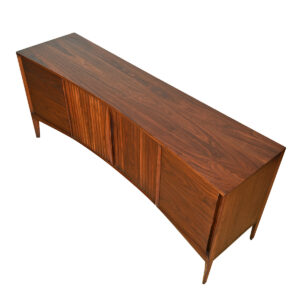 Sexy + Curvaceous MCM Long Walnut Dresser w. Sculpted Pulls + Concave Front