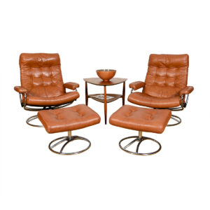 Pair, Vintage Ekornes Leather Stressless Norwegian Chairs + Matching Ottomans