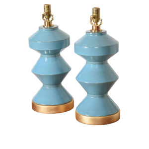 Pair of MCM Stacked Turquoise Lozenge Pottery Table Lamps