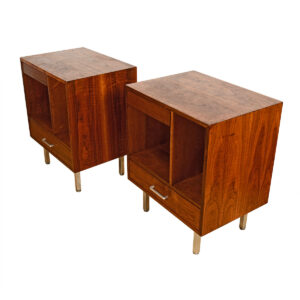 Unique Pair of MCM Walnut + Chrome Nightstands | Side Tables w. Open + Closed Storage