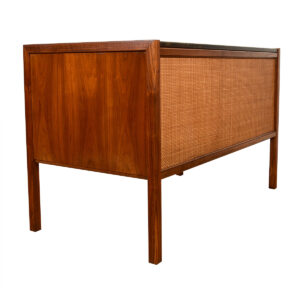 Distressed Leather Top 46″ x 24″ Compact American Modernist Walnut Desk w. Caned Backside