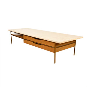 Paul McCobb Irwin Collection Travertine-Topped Coffee Table w Drawers + Shelf