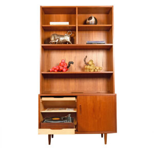 Danish Teak 2-Pc 42″ Storage | Media | Display Cabinet w: Lower Pull-Out (Turntable) Shelf