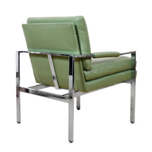 Green Leather Upholstered Chrome Flat Bar MCM Lounge | Club Chair