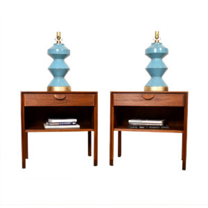 Pair of MCM Stacked Turquoise Lozenge Pottery Table Lamps