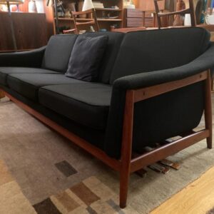 Swedish Long Teak and Black Fabric Upholstered Sofa by DUX