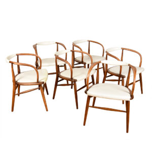 Set of 6 Mid Century Modern Walnut White Upholstered Dining Arm Chairs