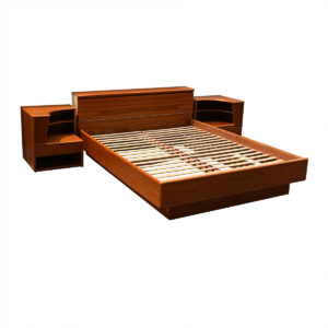 Curvaceous Danish Teak Queen Bed w: Attached Nightstands + Headboard Storage
