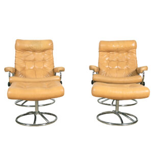 Pair, Vintage Ekornes Stressless Recliners + Ottomans in Caramel Leather