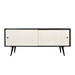 Ebonized Paul McCobb Planner Group Low Credenza | Record Cabinet w. Grass Cloth Doors